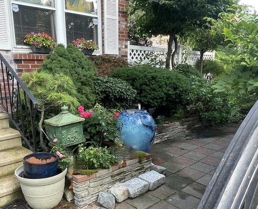 Peering over a gate into a little courtyard area in front of a brick house. At left the area is bounded by concrete steps with ironwork railing from a brick walk to the house. We see two windows at the front of the house, each with a windowbox full of red, orange, purple, and pimk flowering plants. Below the windows against the house is a dense little grouping of a variety of green shrubbery, running from the stairs, across the front of the house and past it into the side yard where there are two young but lush trees. At tje foot of the stairs is a low, green pagoda-style ornament or lamp  The area in front of the shrubbery is 'paved' in red and gray brick. A blue drip-finished vase stands at the edge of the shrubbery.