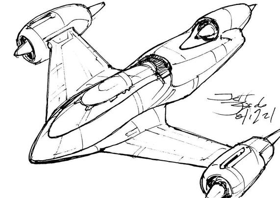 Black and white line art sketch of an imaginative sci fi spaceship. Each one is very different.