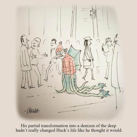 A cartoon illustration of a man with an amphibious monster body sadly walking down a busy city sidewalk. Caption reads "His partial transformation into a denizen of the deep hadn't really changed Huck's life like he thought it would."