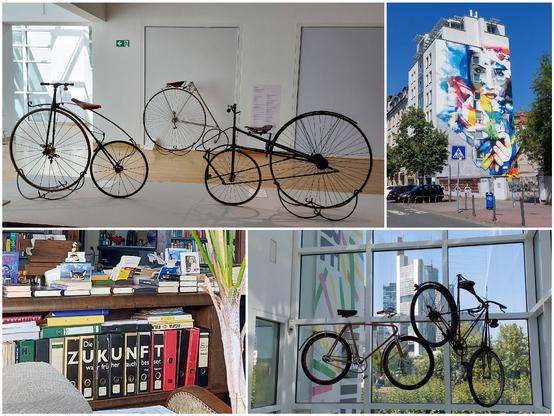 Collage mit 4 Bildern: historische Fahrräder, zwei hängende Räder in einem Gebäude vor einem Fenster von innen gesehen, ein großes buntes Mural über eine ganze Fassade, ein Blick durch ein Buchladen-Schaufenster, auf Ordnerrücken steht "Die Zukunft war früher auch besser"