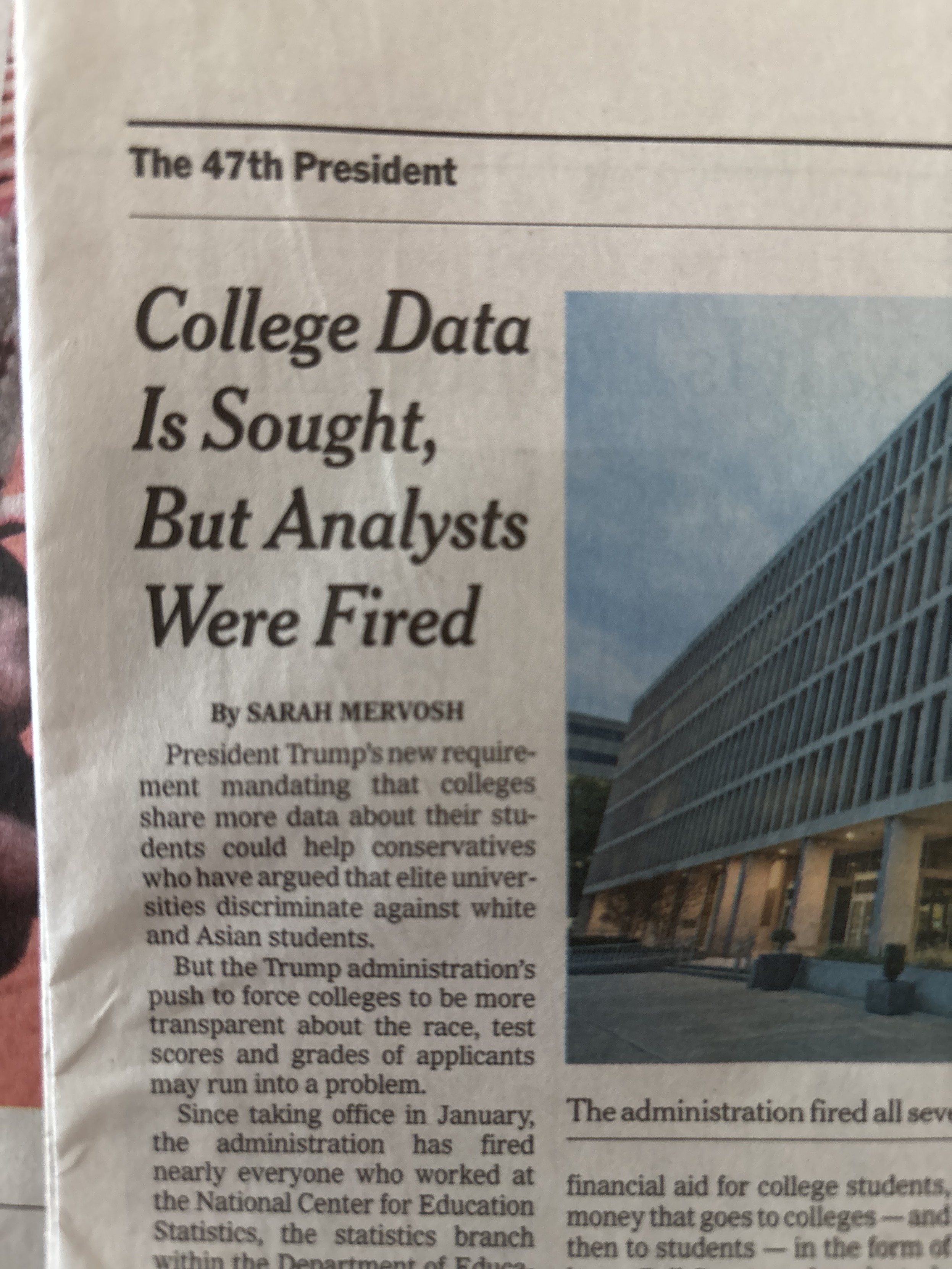 Headline: “College Data Is Sought, But Analysts Were Fired”