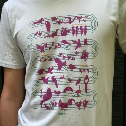 A t-shirt featuring an assortment of birds frolicking on a stave.