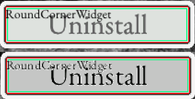 Two buttons labeled "Uninstall". The top button has a transparent gray shading over it, dimming the text. The bottom button has full black text with a gray background. You can see white artifacts around the edges of each character. Text on the top button is correctly blended with the gray shade