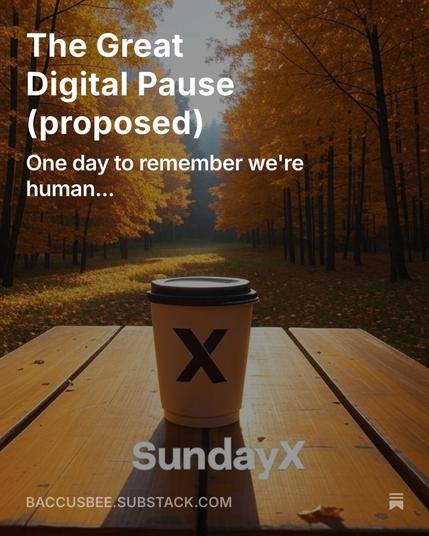 Autumn setting with close up of picnic table and a coffee cup with the X platform logo, titled SundayX.