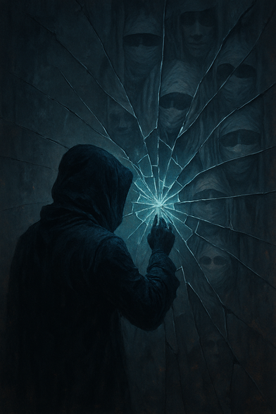 Uomo che si specchia in un vetro infranto