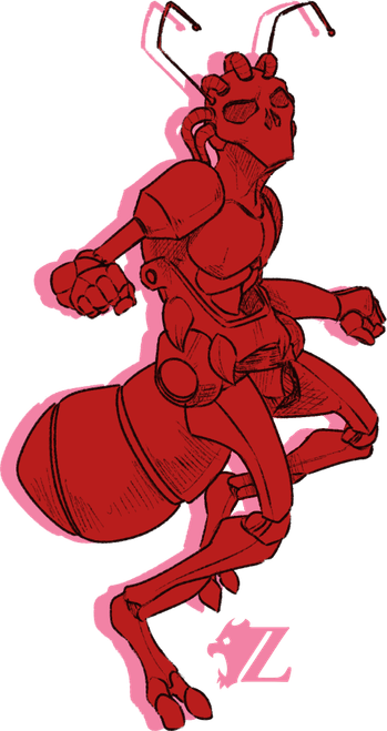 「I Go Wild」 is a humanoid Stand with insectoid features. It has a stylized skull head with wasp-like antennae sticking from its head, also with seven tubes connecting the head to its back. It has robotic arms with segmented hands, and similarly robotic legs which end in digitgrade feet. It wears pectoral and abdominal armor with a large toothy jaw attached to its sides, as well as two circular pieces strapped to its hips. Finally, it has a large wasp-like abdomen in the rear.