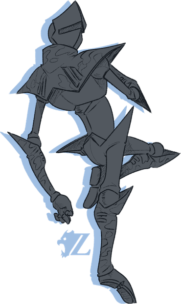 「Grey Ghost」 is a robotic humanoid Stand with angular, stylistic, and flexible knight-like armor. Its chest and shoulder armor, arm armor, and shin armor all have vents on it, as well as shifting camouflage patterns. The exposed portions of its body are a combination of steel bearings at the joints and tightly-tailored cloth bits covering the segments and limbs. It faces away from the viewer, looking over its shoulder with an otherwise featureless gaze from the single slit in its helmet/mask.