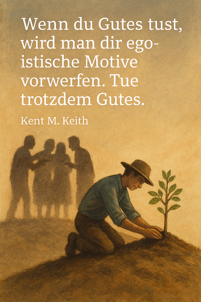 Zitat: „Wenn du Gutes tust, wird man dir egoistische Motive vorwerfen. Tue trotzdem Gutes.“
– Kent M. Keith