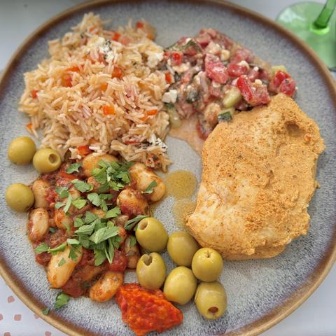 A close-up of my plate with the meal as described in the post.