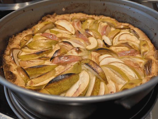 Ein Apfelkuchen, frisch aus dem Ofen, noch in der Backform. Die Apfelstücke sind leicht gebräunt.