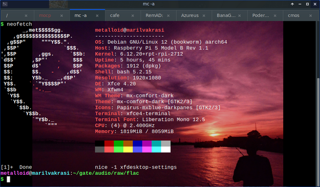 The image shows a computer desktop screen with a terminal window open. The terminal displays system information using the neofetch command, including the operating system (Debian GNU/Linux 12), host (Raspberry Pi 5 Model B Rev 1.1), kernel version (6.12.20-pi-2712), and other details such as the shell (bash 5.2.15), resolution (1920x1080), and CPU and memory usage. The desktop environment is Xfce 4.20 with a dark theme, and the terminal font is Liberation Mono 12.5. The wallpaper features a sunset over a body of water with a silhouette of a person fishing. The terminal command "nice -1 xfdesktop-settings" is visible, indicating a user is configuring desktop settings. The terminal window is titled "neofetch," and other open applications include "mcp," "mc-a," "cafe," "RemAD," "Azureus," "BanaG," "Poder," and "cmos."

Provided by @altbot, generated privately and locally using Ovis2-8B

🌱 Energy used: 0.233 Wh