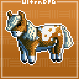 Pixel art of a small brown and white pony.