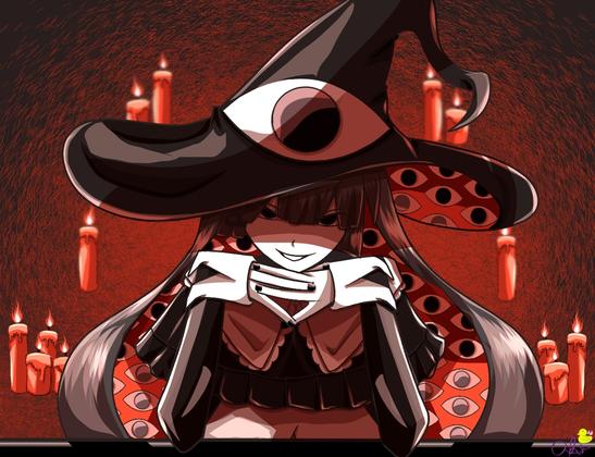 Sagan sitting with fingers crossed. Red candles and flames, red and black grungy bg.