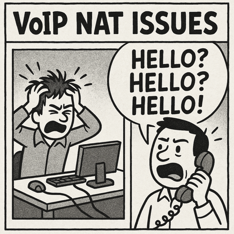 Newspaper clipping. Man on phone shouting hello 3 times and a stressed out tech who's had enough.