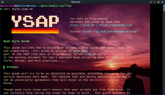 he image shows a terminal window with a vibrant sunset background. The terminal is running a command to fetch a Bash Style Guide script from a URL, specifically "curl style.ysap.sh." The title "YSAP" is prominently displayed in large, pixelated font at the top, with a subtitle "You Suck at Programming Episodes and guide by dave eddy" below it. The source is listed as "https://github.com/bahamas10/ysap." The main content of the image is a Bash Style Guide, outlining how to write safe and predictable bash scripts. The guide is authored by Dave Eddy and is part of the YSAP series. The guide's preface emphasizes objectivity and provides reasoning for certain decisions, noting that some choices are purely aesthetic. It mentions that good style can help narrow the scope for bugs but won't ensure scripts are free from error. The background features a silhouette of a person standing by a body of water during sunset, with a gradient sky transitioning from purple to orange.
Provided by @altbot, generated privately and locally using Ovis2-8B
π± Energy used: 0.220 Wh