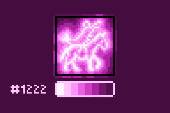 Pixel art of a pink neon sign showing a shrimp riding a pony.