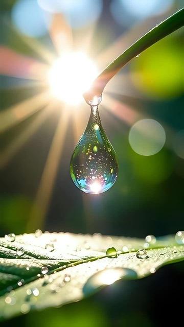 Morgensonne, 
ein an einem Blattstiel hängender, schillernder  Wassertropfen 
fällt auf ein nasses, grünes Blatt
Quelle: Renata Cristina, Pinterest