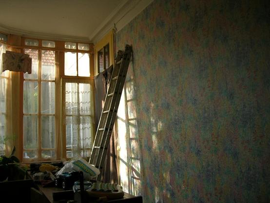 Dans une véranda du 19e siècle, les menuiseries sont peintes en jaune et le mur est recouvert de papier peint à petites fleurs pastel. Une vieille échelle en aluminium est posée contre le mur.
Un buffet est couvert d'objets dont un sac castorama.
Un rayon de soleil claire l'échelle.