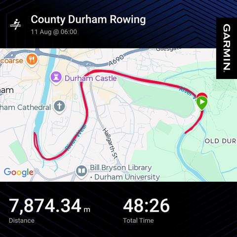 Garmin activity showing a rowing session. 7.8km 48min
