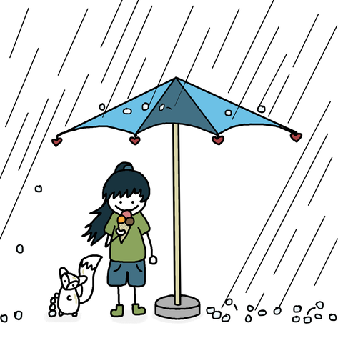 Mia steht mit ihrem Polarfuchs Mika unter einem Schirm. Mia isst ein Eis. Es hagelt. Mika spielt mit den Hagelkörnern.