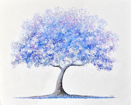 Textured oil painting of a graceful old purple flowering Jacaranda Tree standing against a painted white background. There are mounds of fallen purple flowers beneath the tree.