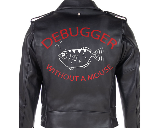 Leather jacket with the text "debugger - without a mouse" and the GNU debugger logo in the center.
