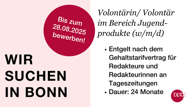 Wir suchen in Bonn eine Volontärin oder einen Volontär im Bereich Jugendprodukte (m/w/d). Das Volontariat ist für 24 Monate befristet und wird nach dem Gehaltstarifvertrag für Redakteure und Redakteurinnen an Tageszeitungen vergütet. Bewerbungsfrist ist der 28. August 2025.