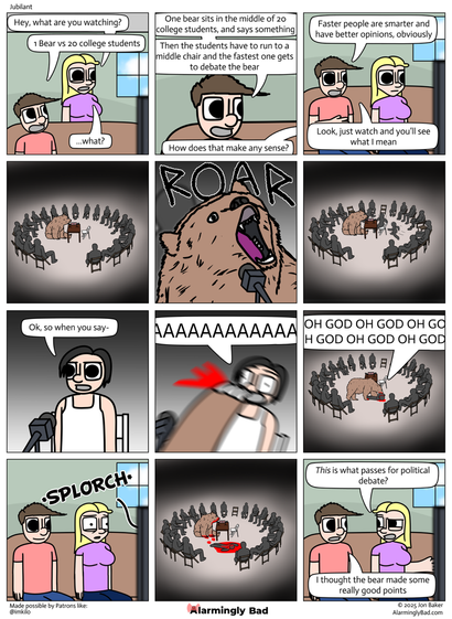 Alarmingly Bad comic about 1 bear vs 20 college kids