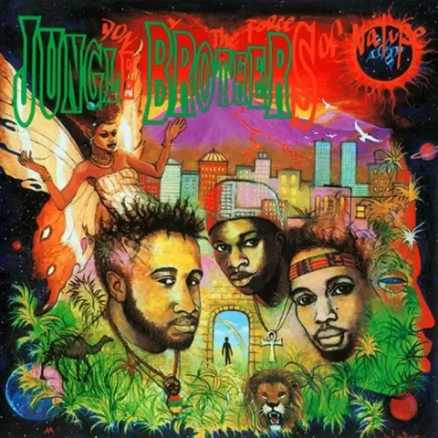 The album cover for Done by the Forces of Nature by Jungle Brothers is a vivid, surreal collage blending Afrofuturism, nature, and cosmic imagery. In the foreground, large illustrated portraits of the three group members emerge from lush green foliage, alongside a lion and a camel. A mystical stone archway with a silhouetted human figure stands at the center, symbolizing a passage or awakening. Above and around them, a woman with butterfly wings floats over a glowing urban skyline, while two tall skyscrapers stand illuminated against a radiant orange-red sky. The background merges cityscape with celestial elements—planets, stars, and a blazing red sun bearing the word “Nature.” The typography for “Jungle Brothers” is bold and green, while “Done by the Forces of Nature” flows across the top in bright, stylized letters. The art is painted in a richly saturated, dreamlike style that blends African heritage, spiritual symbolism, and urban vibrance.