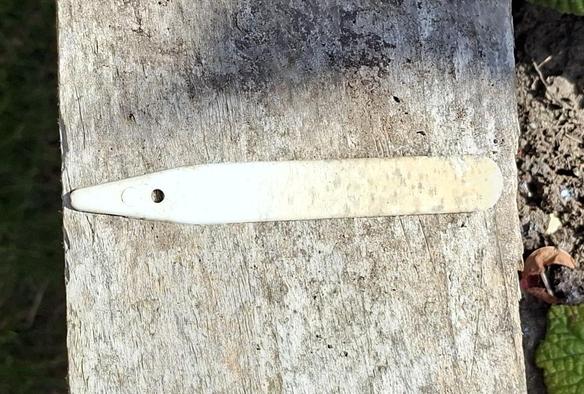 A small plastic plant label where any writing has long ago faded into invisibility.