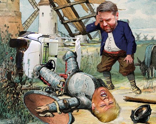 Ein umgekippter weißer Golf-Card, davor liegt Donald Quixote in Rüstung mit zerbrochener Lanze und natürlich schreiend. Über ihm gebeugt sein Sancho Venca, die Hand an der Stirn das Spektakel beobachtend.
Im Hintergrund die Windmühlen gegen die Donald Quixote angerannt ist.