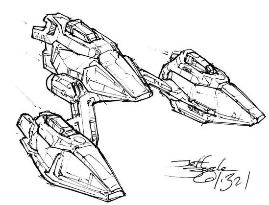 Black and white line art sketch of an imaginative sci fi spaceship. Each one is very different.