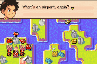 Screenshot of an old Advance Wars game; a mission. The character Andy, a commanding officer of the Orange Star army, says: "What's an airport, again?"