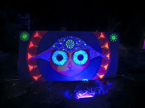 Chapter 3 — When the Night Glows Back

✨ Some nights, the forest doesn’t just listen — it answers.

Under UV light, colours that seem quiet in daylight erupt into something alive.
There’s the Minimoy, wide-eyed and curious, who’s danced his way through more parties than I can count. His gaze follows you, whether you’re swaying to the bass or lost in a conversation you’ll never remember.

There’s the eagle, painted for our Spirit of the Forest party — wings stretched wide, carrying the pulse of the night in every feather.
And then there are the other portals: spiral blooms, secret paths, eyes that feel like they’ve seen your dreams before you dream them.

The thing about UV art is… it isn’t just decoration.
It’s a signal to anyone passing through: you’ve crossed into somewhere else.

#UVArt #PsyArt #GlowInTheDark #BushParty #SpiritOfTheForest #MalikasRealm