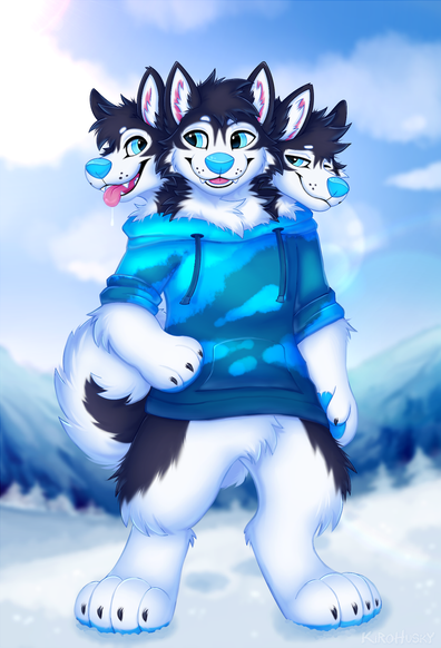 anthro cerberus 3-headed husky, wearing a blue hoodie in the snowy mountains.
