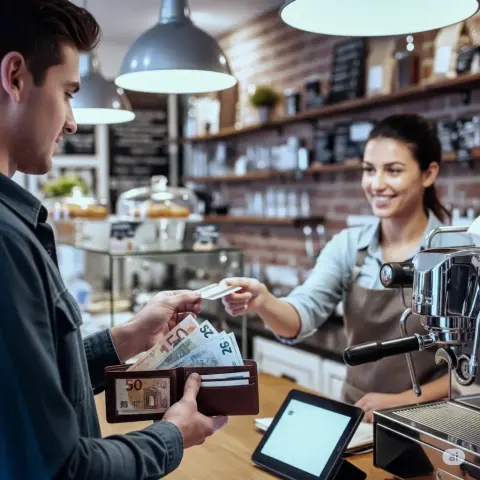 generata AI uomo giovane che paga alla cassa del bar con in mano un portafoglio pieno di banconote vario taglio