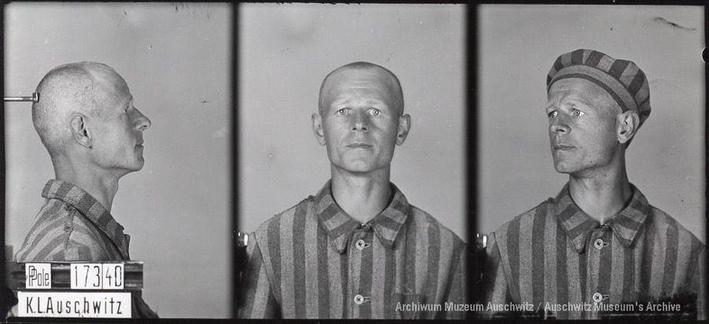 A mugshot registration photograph from Auschwitz. A man with a shaved head wearing a striped uniform photographed in three positions (profile and front with bare head and a photo with a slightly turned head with a hat on). The prisoner number is visible on a marking board on the left.
