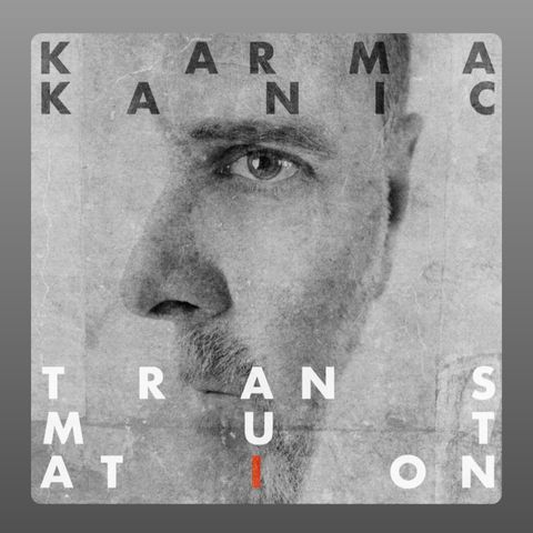 The album cover for Transmutation by Karmakanic features a grayscale, textured portrait of a man’s face, partly obscured and faded into the background. The typography is modern and minimalist, with the band name "KARMAKANIC" split and spaced across the top. The album title "TRANSMUTATION" is arranged in a grid-like fashion, with scattered white capital letters, and the letter "I" in "TRANSMUTATION" highlighted in bright red, drawing attention. The overall aesthetic conveys a sense of introspection, transformation, and subtle intensity.