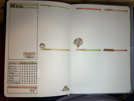 A spread with 2 pages with a large rectangle section that says wins with a peach vibes sticker in the bottom left corner, under that is a table that has 9 rows, 1st row has habits, M, T, W, T, F, S, and S, next row says journal, next row says business, next row says reading, next row says rhythm, next row says girlfriend, after that row says steps, after that says water, finally the row after that says electrolytes, then is a box that says groceries and it has a grocery cart sticket in the box and there are columns split up into 2 rows across the rest of the spread that go from left to right as follows, reading with a sticker of peach jam, radar with a sticker of a cherry tree, Tuesday, playing with a sticker of peaches, Monday, and Wednesday
