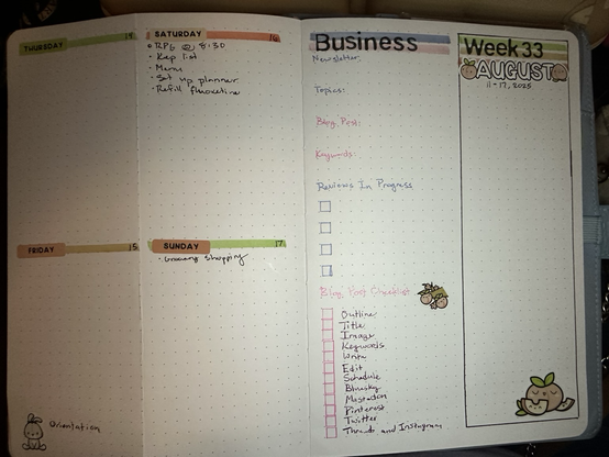 A spread of 2 pages 1st page has 2 rows and columns with Thursday, Saturday with items as follows, RPG, prep list menu, set up planner, and refill fluoxetine, Friday (which under says orientation), and Sunday which says grocery shopping , on the next page it has 2 columns, from left to right its Business, and Week 33 august 11-17, 2025 Under the business column there are various sections such as newsletter, topics, blog post, keywords, reviews in progress, and blog post checklist, in the blog post checklist section there is things to be checked off like outline, title, image, keywords, write, edit, schedule, bluesky, mastodon, Pinterest, twitter, and finally threads and instagram