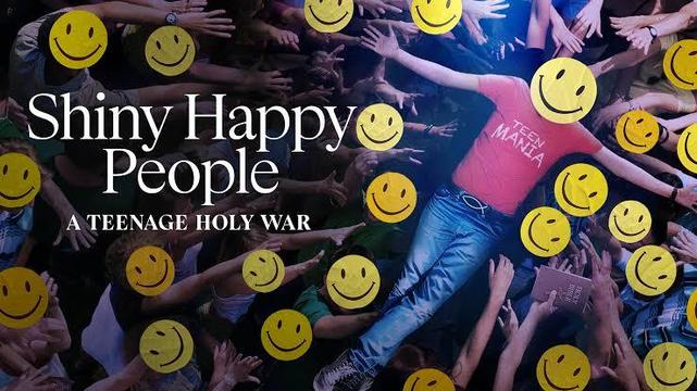 A imagem mostra uma cena vibrante de uma multidão, com muitas mãos estendidas em direção ao centro, criando uma atmosfera de entusiasmo e energia. No centro da imagem, uma pessoa está deitada de costas, com os braços abertos, vestindo uma camiseta vermelha com a inscrição "TEEN MANIA" e jeans. Sobreposta à imagem, há vários rostos substituídos por emojis de sorriso amarelos, adicionando um toque de alegria e anonimato à cena.

No lado esquerdo da imagem, o texto "Shiny Happy People" está escrito em letras brancas grandes, com "A TEENAGE HOLY WAR" em letras menores abaixo. A imagem transmite uma sensação de movimento e emoção, com a multidão parecendo estar em um evento ou festival, possivelmente relacionado a música ou uma manifestação jovem.