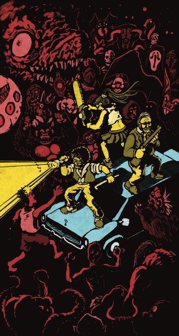 An epic vertical illustration of three guys fighting zombies, undeads and monster in a  B-movie dark artstyle.