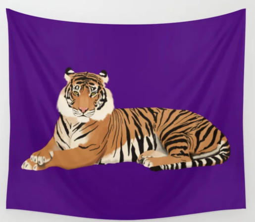 Our tiger mascot is shown with a purple background on a banner/tapestry.