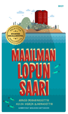 Maailman lopun saari -kirjan kannessa on yläreunassa saari, jossa on iso punainen kerrostalo ja pienempiä rakennuksia sen ympärillä. Saaren alapuolella on paljon vettä, jossa uiskentelee kaloja.