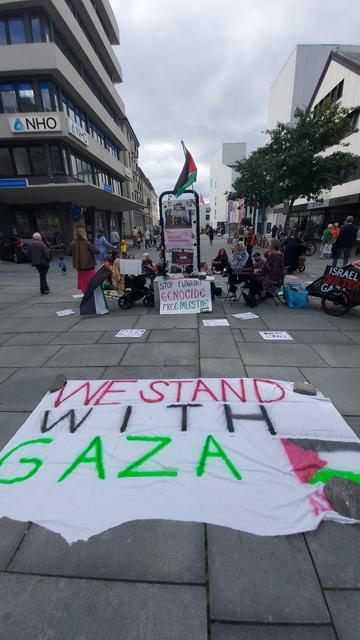 Avstandsbilde fra den stille Palestina-samlinga i Bodø. I bakgrunnen sitter en samling folk med flagg og plakater på brosteinen. I forgrunnen ligger en stor parole med teksten "we stand with Gaza"