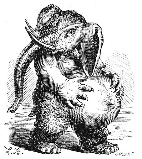 Behemoth rubs his large belly. An illustration by Louis Le Breton for Jacques Collin de Plancy's "Dictionnaire Infernal."