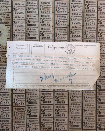 Télégramme reprenant les instructions ministérielles sur la répartition du sucre.
