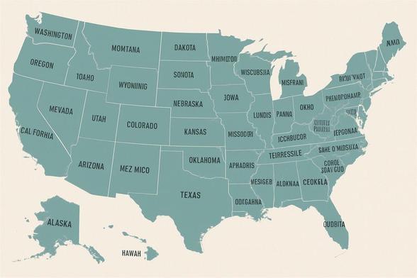 A green map of the US with many states misnamed: Mevada, 10AHO, Wyoniing, Momtana, Mez Mico, Dakota, Sonota, Jowa, Missodori, Aphradise, Mesigeb, Teirressile, etc.