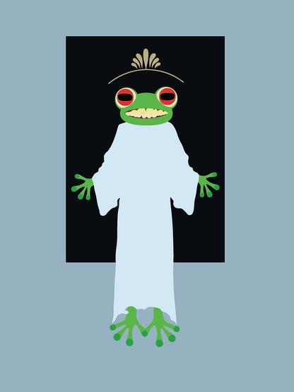 Ein Frosch in einem Nachthemd schwebt vor einer schwarzen Fläche und freut sich. Über seinem Kopf schwebt eine Krone.