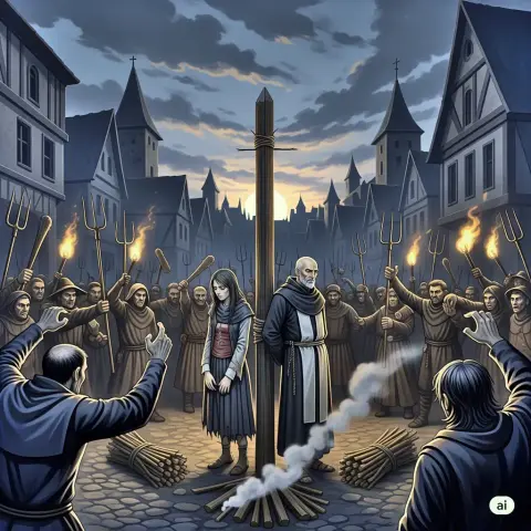generata AI Caccia alle streghe, inquisizione, folla che brandisce forconi e mazze, al rogo due persone una giovane donna e un parroco